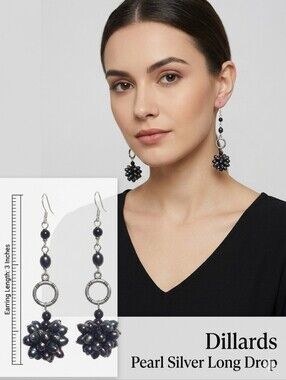 Pearl Silver Long Drop Earring 3"